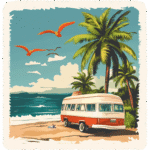 vintage bus on the beach stamp