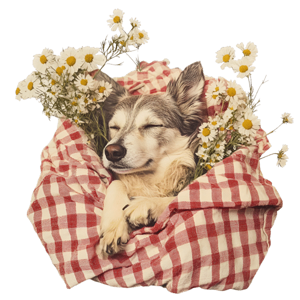 dog wrapped in red plaid graphic
