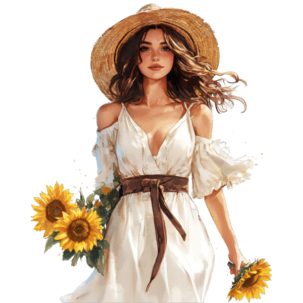 vintage summer woman with sunflowers