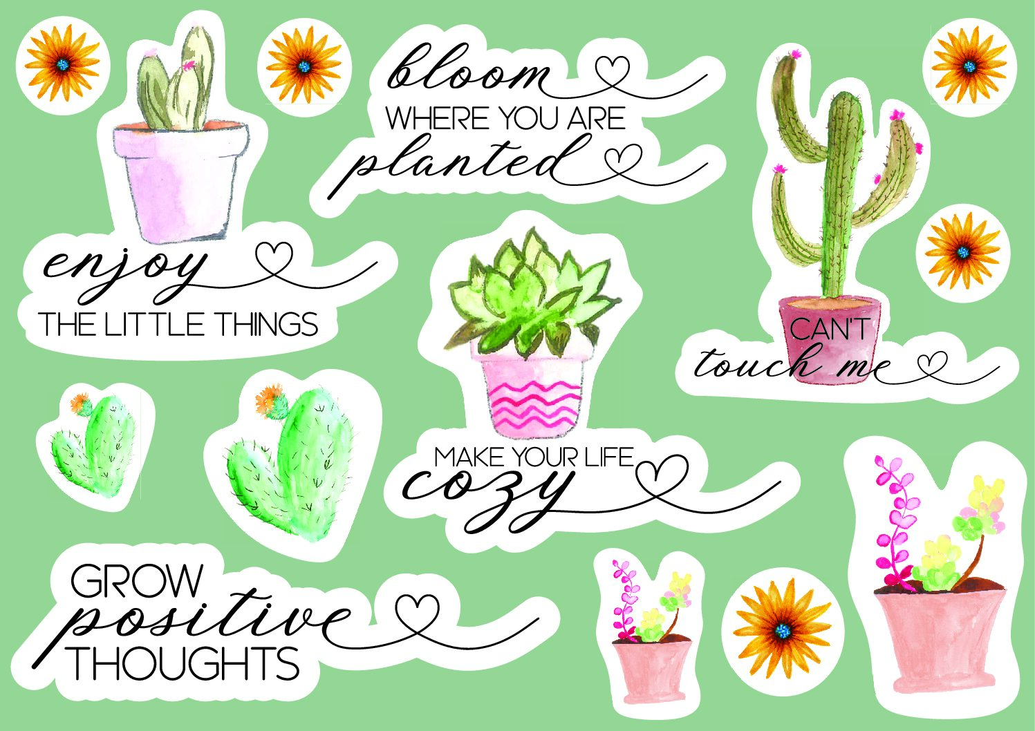 🌵✨ Printable Positivity Flower Sticker Pack – 10 Uplifting Designs with Cacti & Flowers!