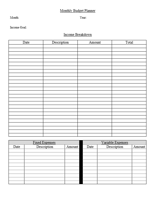 monthly budget planner sheet