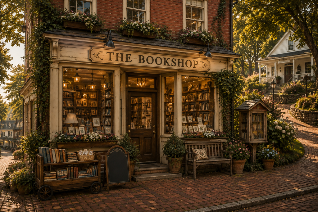 Red brick Bookshop on Schoolhouse Hill, with books displayed outside, flower-filled windows, and the white Schoolhouse visible up the hill.
