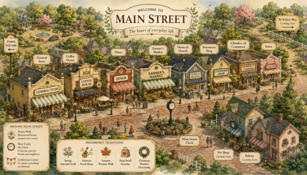 Illustrated aerial view of Main Street in Sarandipity with shops, flowers, market stalls, and tree-lined sidewalks.