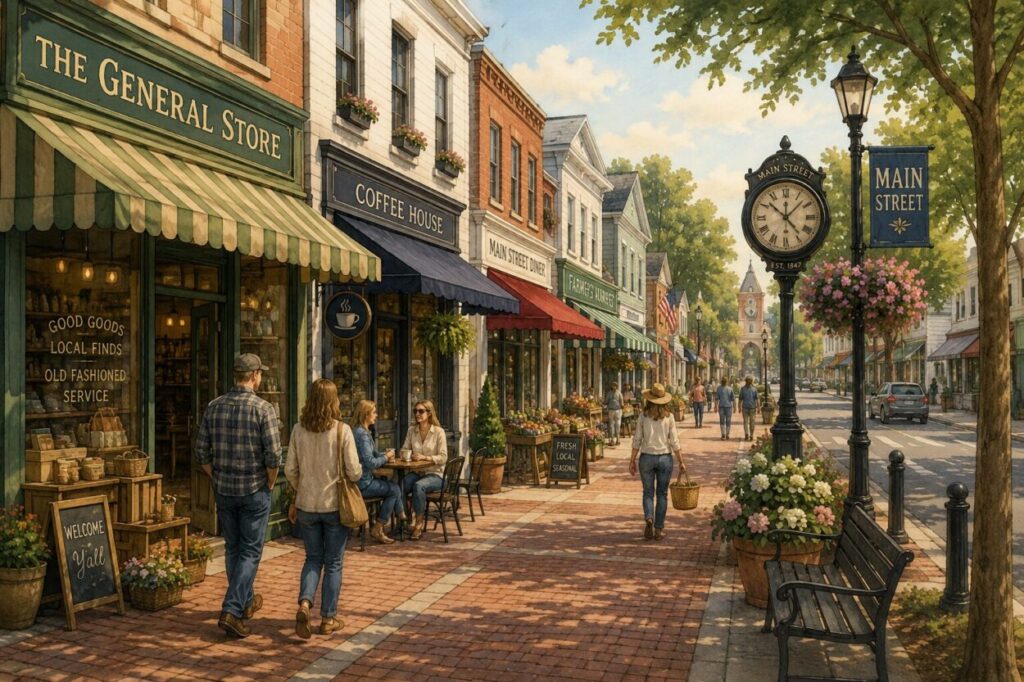 Illustrated view of neighbors strolling along Main Street in Sarandipity, with flower-filled storefronts, brick sidewalks, outdoor seating, and shade trees.
