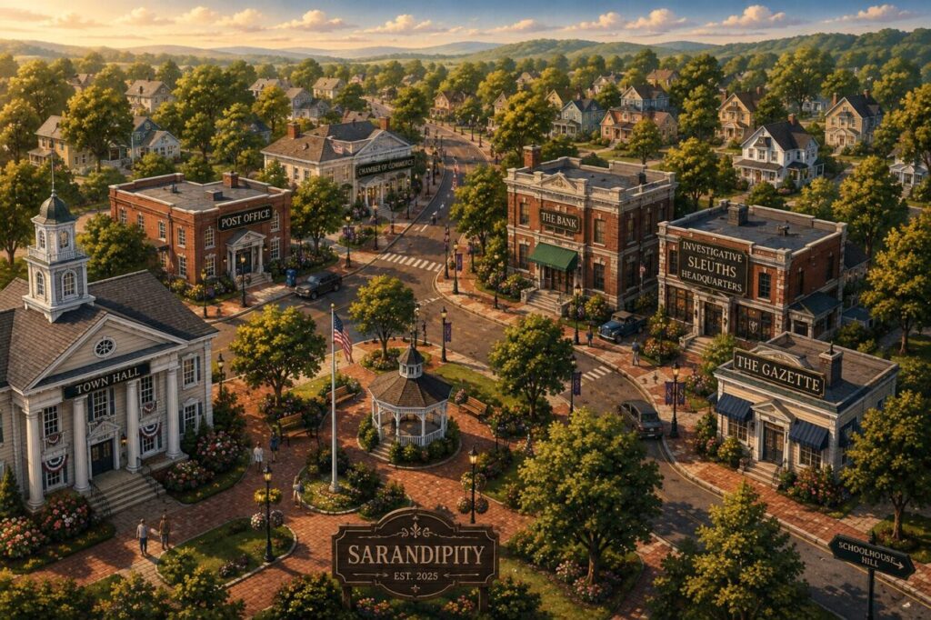 Illustrated aerial view of Sarandipity's Civic District, with Town Square leading toward the Post Office, Chamber of Commerce, Bank, Investigative Sleuths Headquarters, and Gazette.