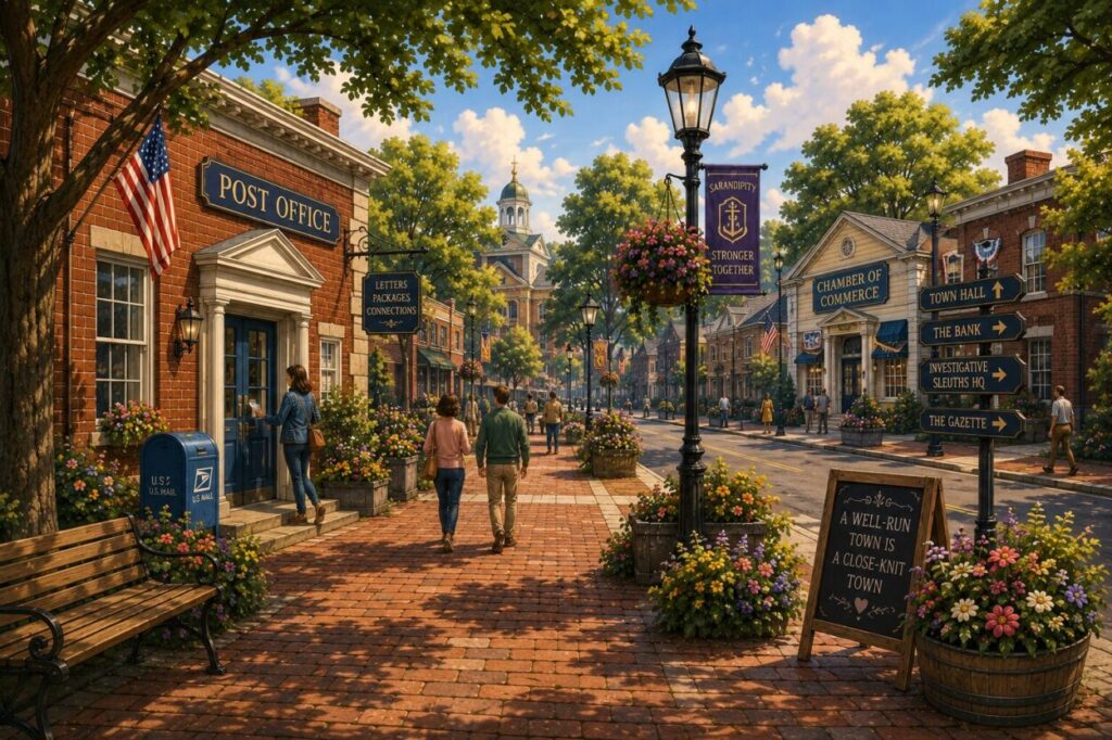 Illustrated street view of Sarandipity's Civic District with neighbors walking past the Post Office, Chamber of Commerce, and other civic buildings.