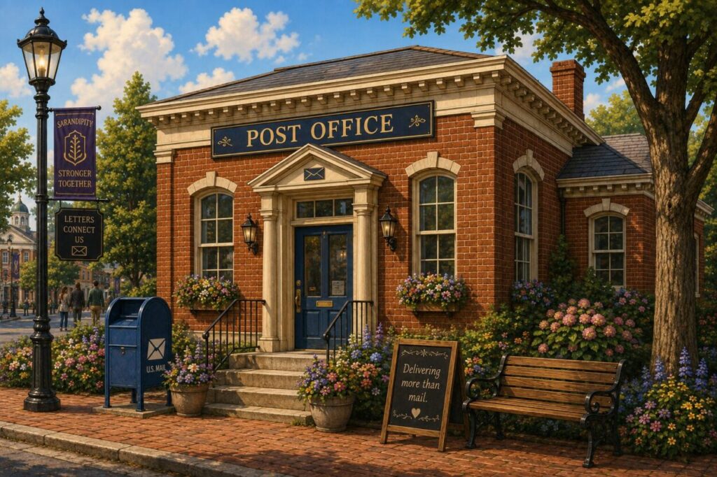 Illustrated exterior of the Sarandipity Post Office surrounded by flowers and small-town streetscape details.