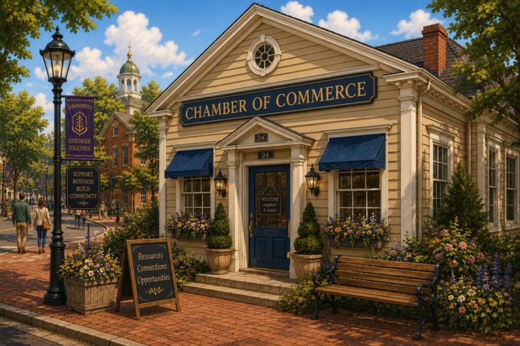 Illustrated exterior of the Sarandipity Chamber of Commerce with welcoming landscaping and civic district details.