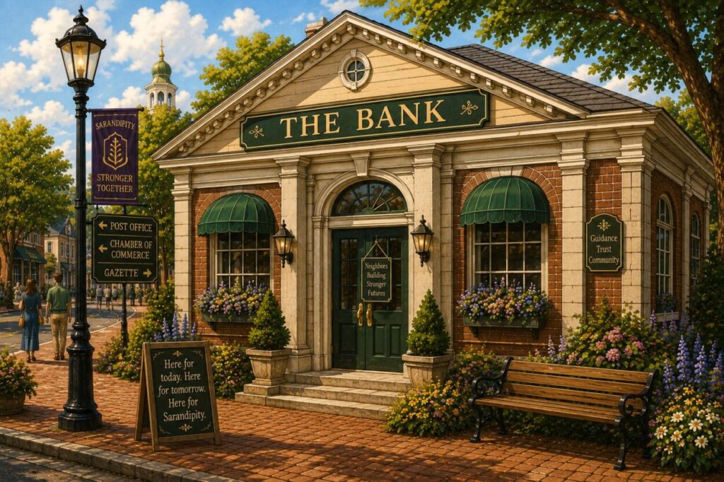 Illustrated exterior of the Bank in Sarandipity's Civic District.
