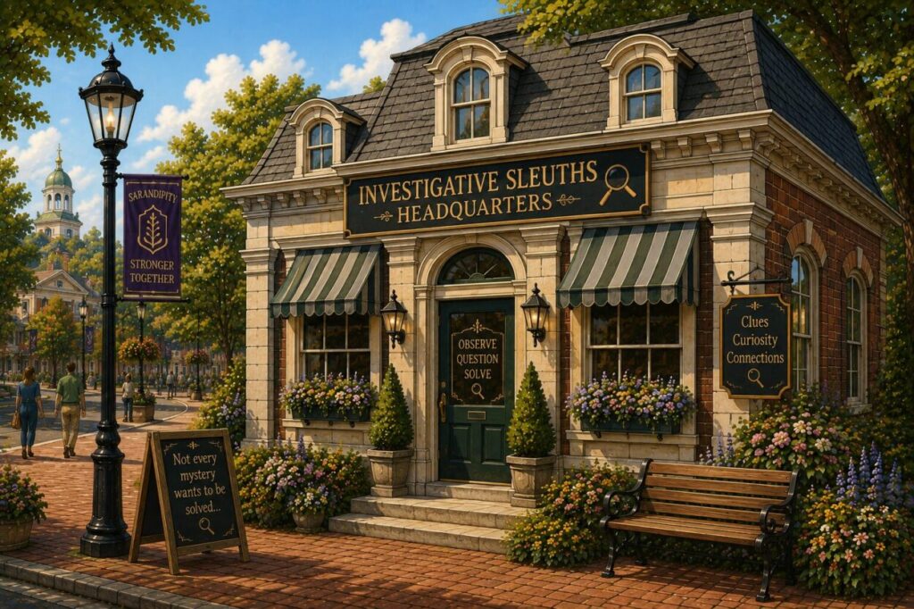 Illustrated exterior of Investigative Sleuths Headquarters in Sarandipity's Civic District.