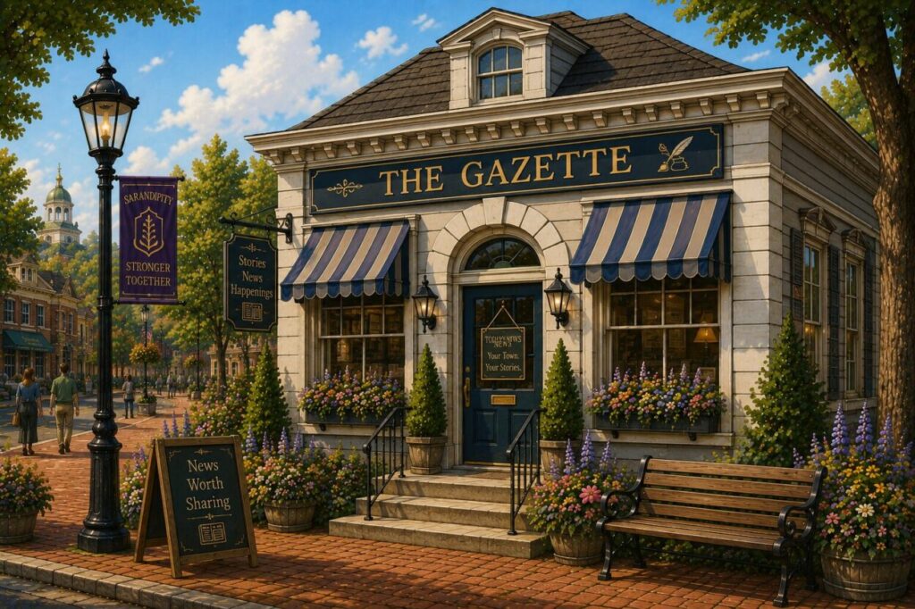 Illustrated exterior of the Gazette newspaper office in Sarandipity's Civic District.