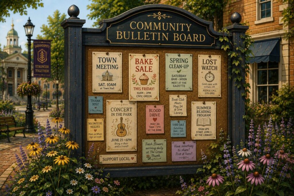 Illustrated Community Bulletin Board filled with notices and announcements in Sarandipity's Civic District.