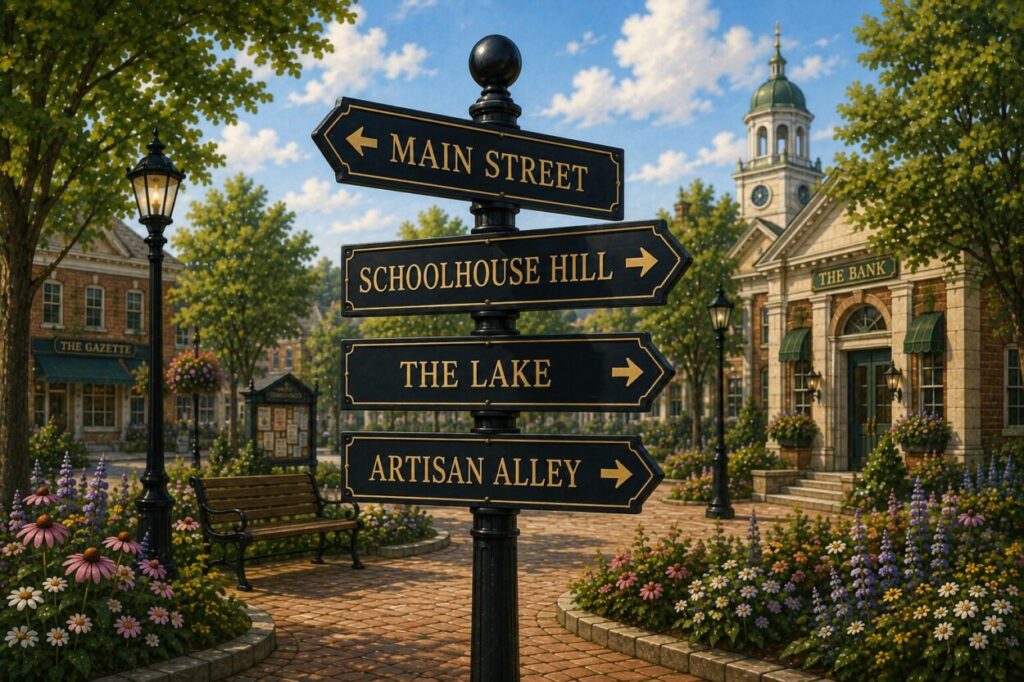 Illustrated town wayfinder surrounded by flowers and civic buildings in Sarandipity.