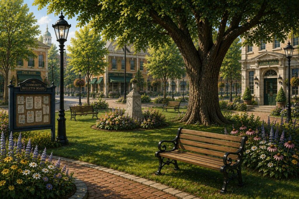 Illustrated Civic Green with shade trees, benches, flower gardens, brick paths, and surrounding town buildings.