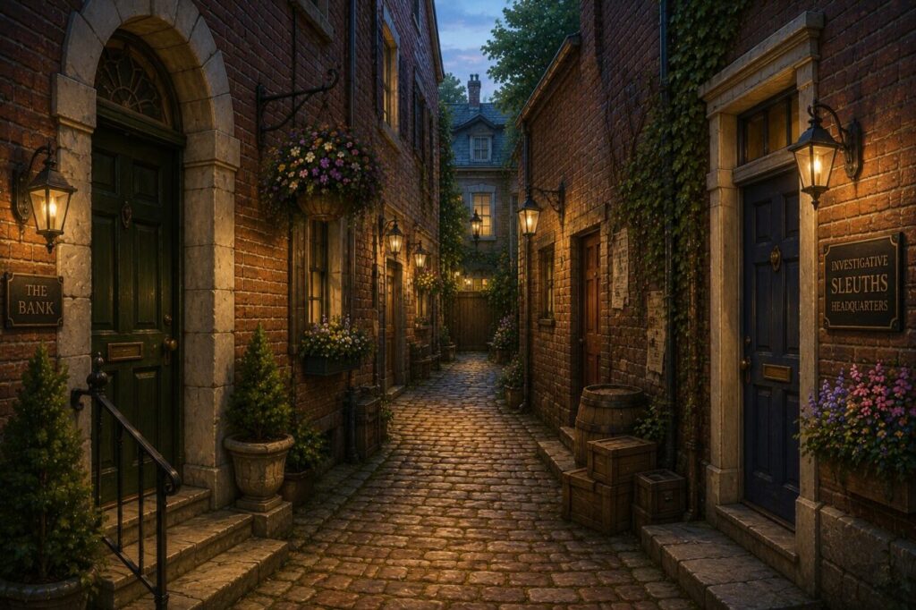 Illustrated narrow brick alley between the Bank and Investigative Sleuths Headquarters, lit by old-fashioned lanterns and lined with flowers, ivy, and unmarked doors.