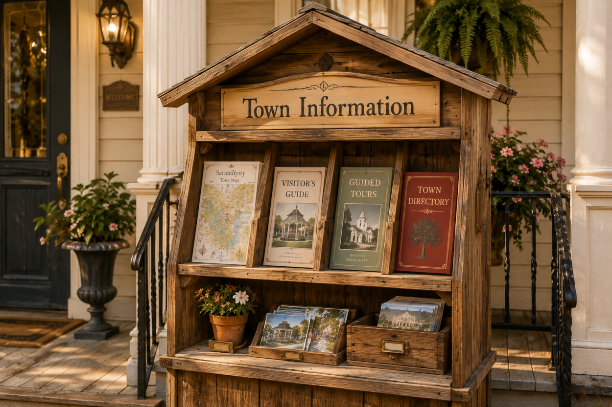 The Town Hall information stand containing a town map, visitor's guide, guided tours brochure, and town directory.