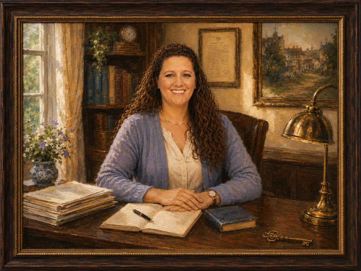 Painted portrait of Sarandipity's Mayor seated in her office
