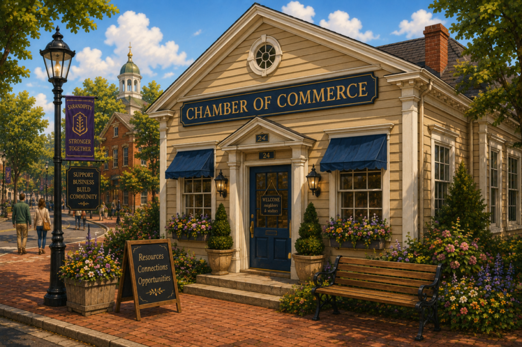 The Sarandipity Chamber of Commerce, a welcoming civic building surrounded by flowers, business-support signs, and neighbors walking through the Civic District.
