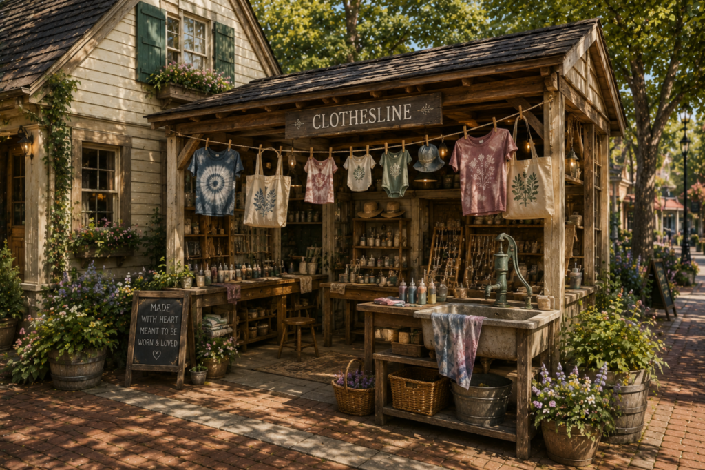 The Clothesline design shop on Artisan Row, displaying finished artwork on shirts, bags, accessories, and decorative products beside Craft Cottage.