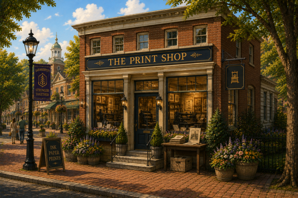 The Print Shop on Artisan Row, a traditional brick printing studio offering templates, creator tools, commercial-use assets, and product-development resources.