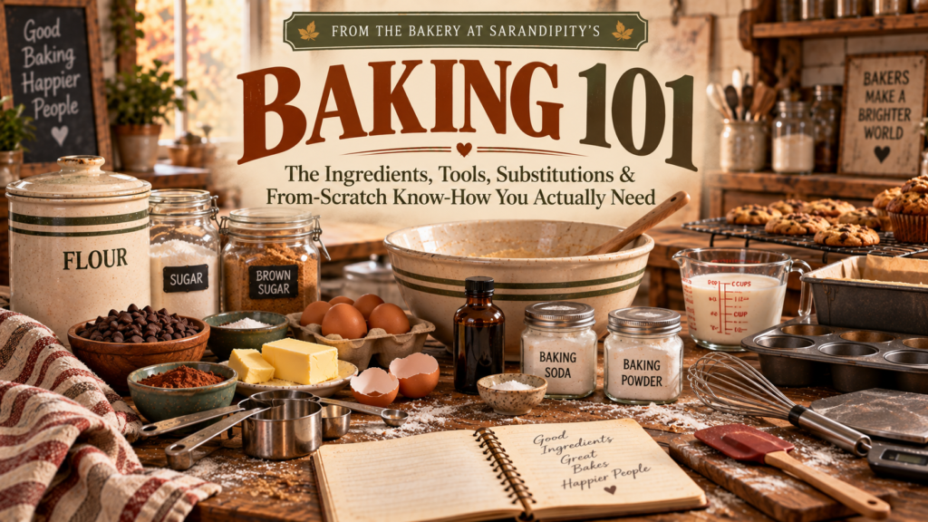 Baking 101 guide with essential baking ingredients, tools and equipment for beginners