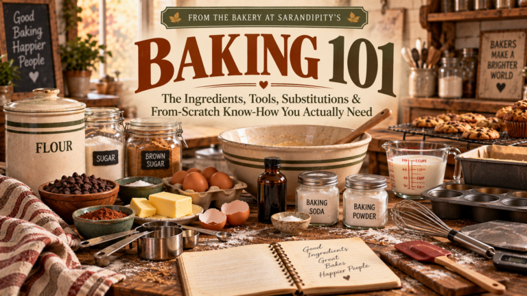 Baking 101 guide with essential baking ingredients, tools and equipment for beginners