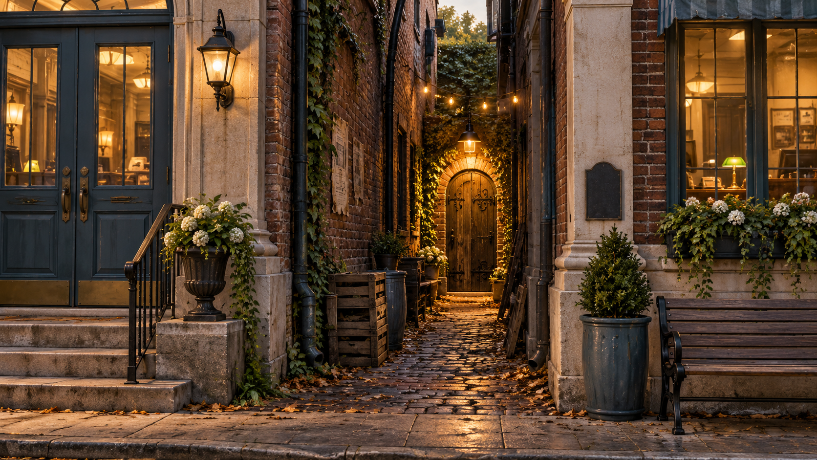 A narrow hidden alley tucked between buildings in Sarandipity's Civic District